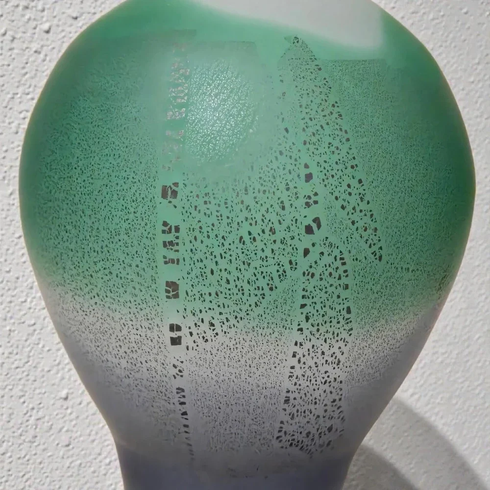 Vintage Toyo Japan Frosted Art Glass Vase Green Purple Scenic Landscape Satin